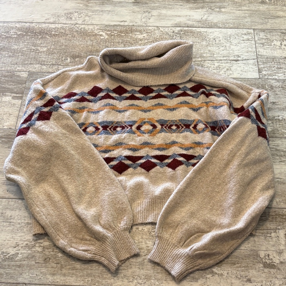 Cozy Beige Geometric Turtleneck Sweater